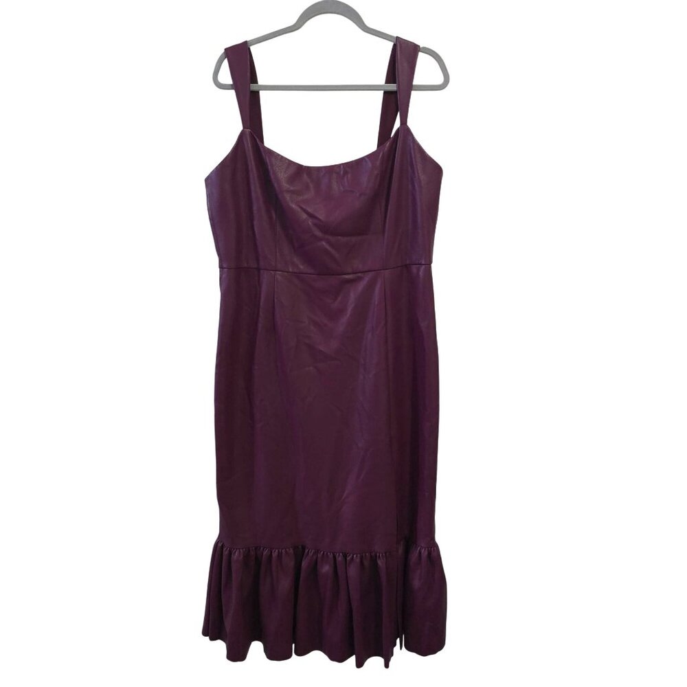 Sachin & Babi Size 14 Purple Maroon Faux Leather Midi Dress Slit Ruffle